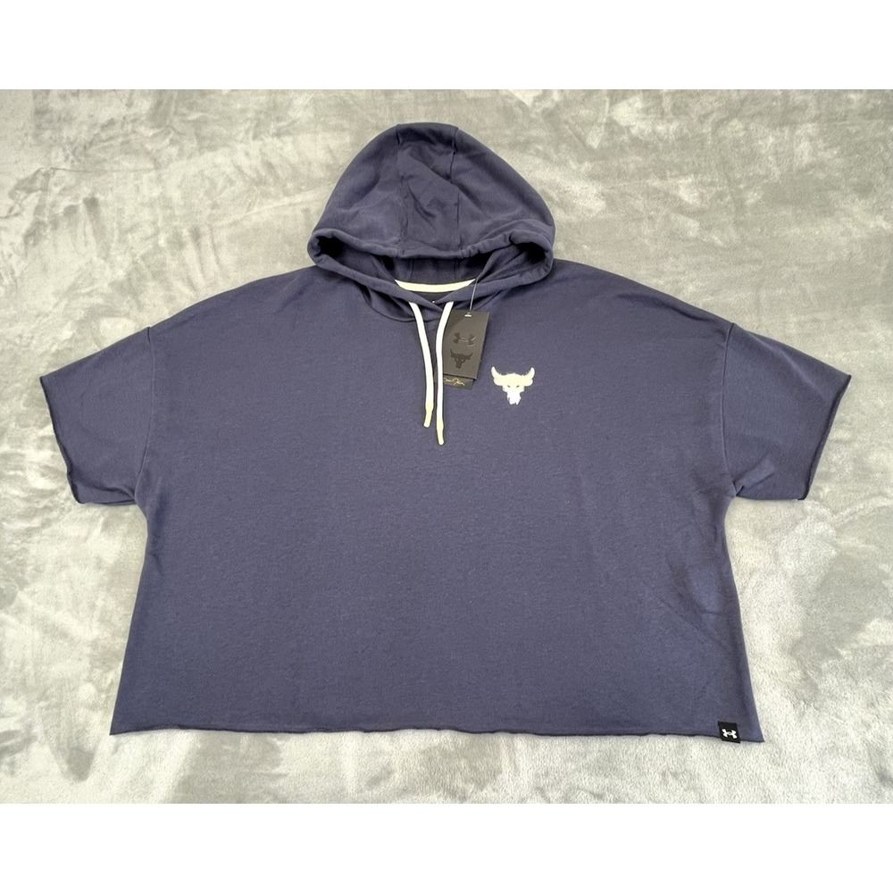 Under Armour Crop Top Women 1XL Blue Loose Project Rock Rival Terry Hoodie Gym